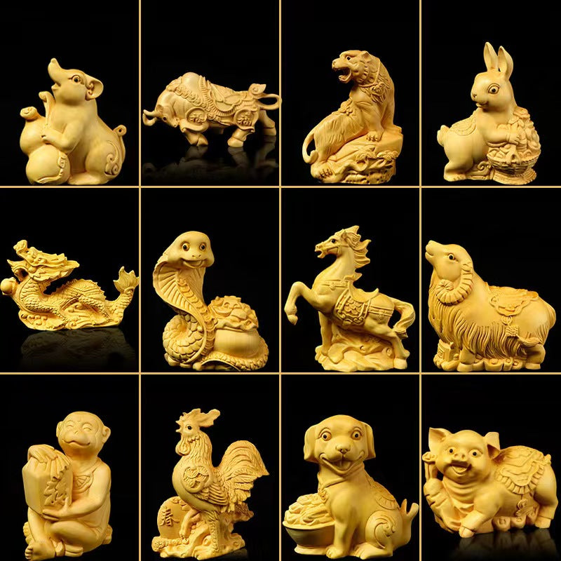 Chinese Zodiacs 12 Pieces Box Wood Decor